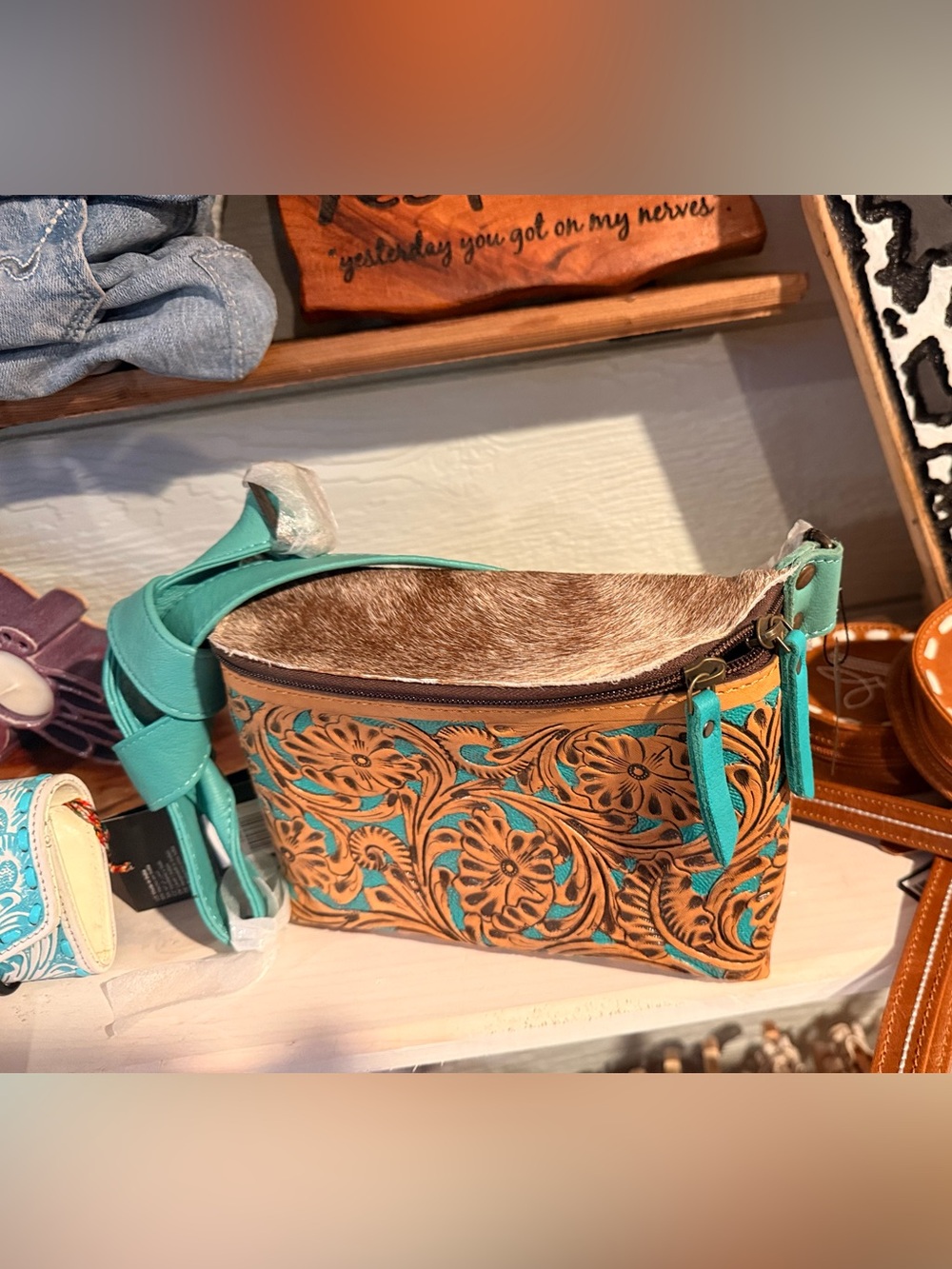 Turquoise Tooled Leather sling Bag / Fanny bag  adjustable with Hair-On Hide top